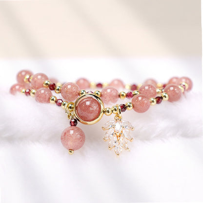 MythStone Natural Strawberry Quartz Love Healing Maple Leaf Charm Double Wrap Bracelet