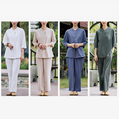 Mythstone 2Pcs Shirt Top Pants Meditation Zen Tai Chi Cotton Linen Clothing Women's Set