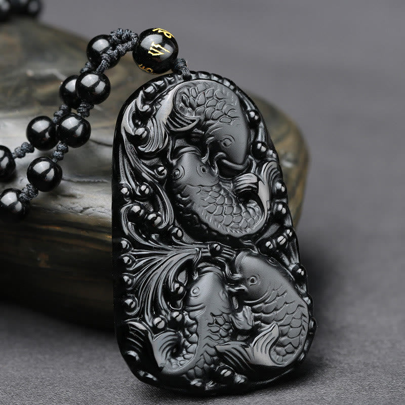 Mythstone Black Obsidian Koi Fish Engraved Strength Beaded Necklace Pendant