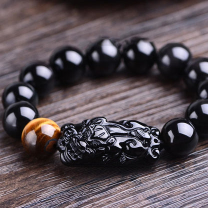 Pulsera de fuerza de ojo de tigre PiXiu con obsidiana negra natural Mythstone 