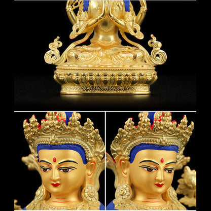 Mythstone Chenrezig Four-armed Avalokitesvara Protection Copper Gold Plated Statue Decoration