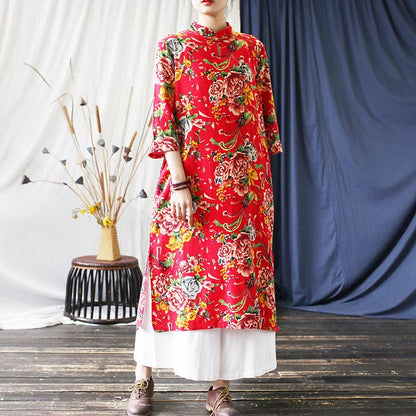 Mythstone Red Blue Peony Midi Dress Half Sleeve Cotton Linen Dress Wide Leg Pants With Pockets