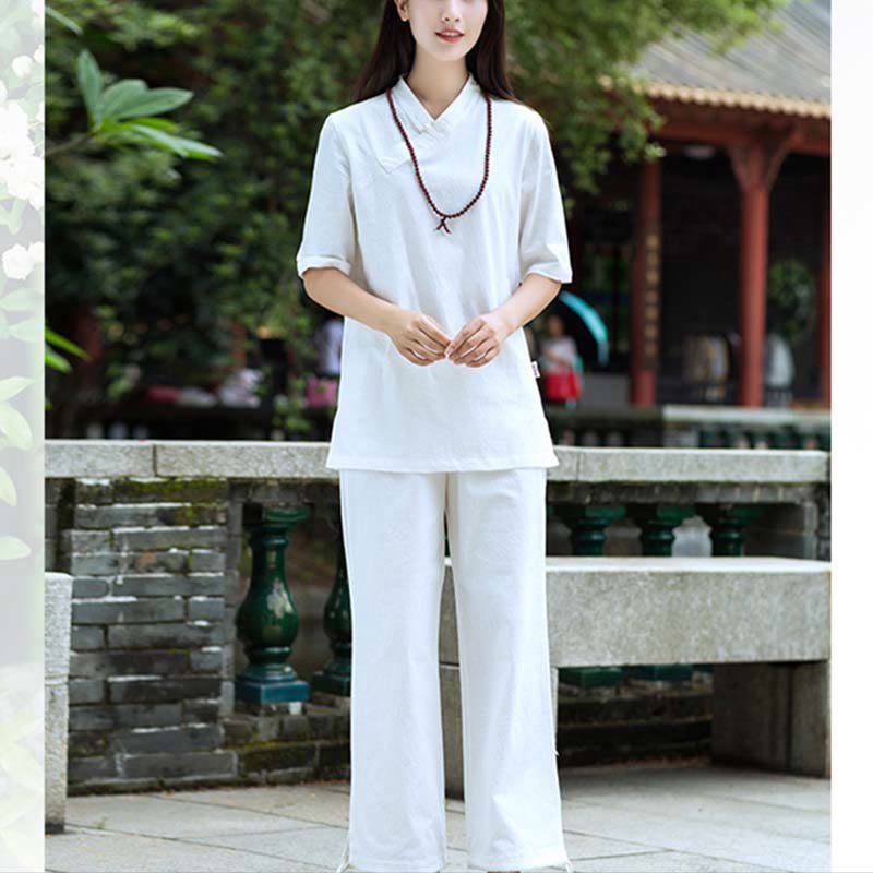 Mythstone 2Pcs Half Sleeve V-Neck Shirt Top Pants Meditation Zen Tai Chi Linen Clothing Women's Set