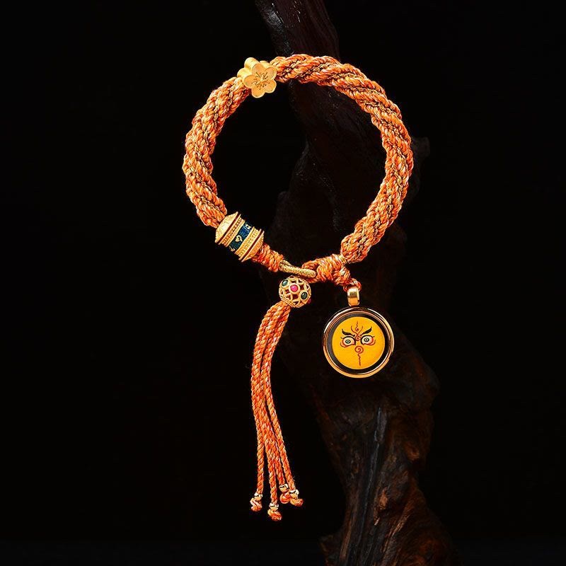 Pulsera de hilo tejido con amuleto Thangka de los cinco dioses de la riqueza y la suerte hecha a mano con forma de rueda de oración y flores de Mythstone Tibet