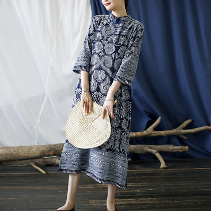 Mythstone Blue White Flower Frog-button Midi Dress Three Quarter Sleeve Linen Batik Dress With Pockets