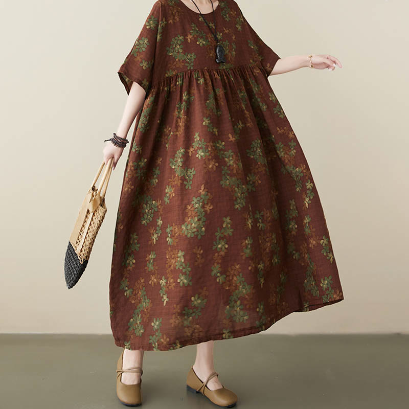 Mythstone Blue Brown Flowers Midi Dress Cotton Half Sleeve Tunic Dress With Pockets