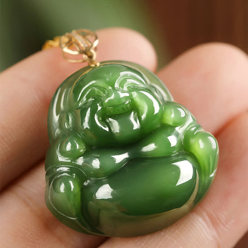 Mythstone 925 Sterling Silver Laughing Buddha Hetian Cyan Jade 18K Gold Success Necklace Chain Pendant