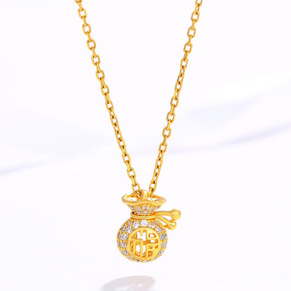 24K Gold Plated Fu Character Fortune Money Bag Necklace Pendant