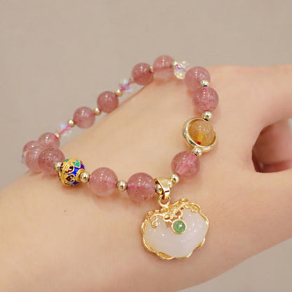 Mythstone Strawberry Quartz Green Crystal Amethyst Healing Chinese Lock Charm Bracelet