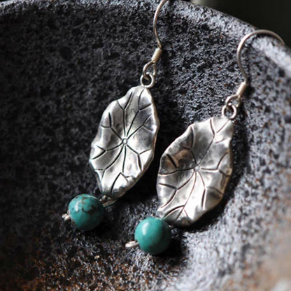 Mythstone 925 Sterling Silver Turquoise Lotus Leaf Protection Drop Dangle Earrings