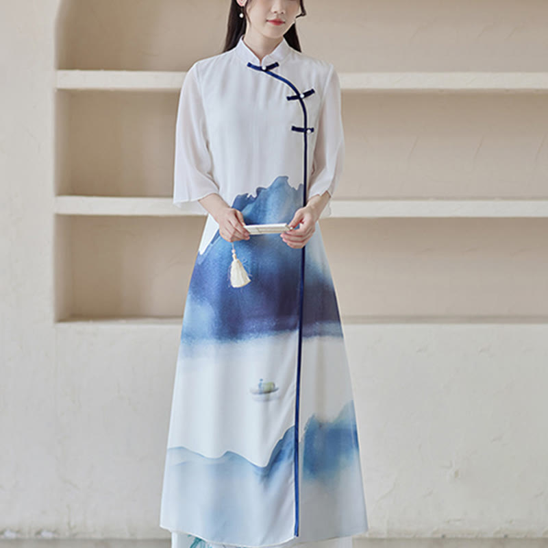 Mythstone Blue Landscape Painting Three Quarter Chinese Cheongsam Midi Dress