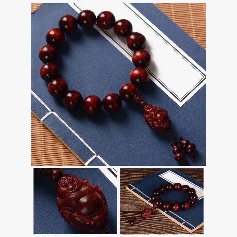 Mythstone Small Leaf Red Sandalwood Laughing Buddha God of Wealth Protection Bracelet