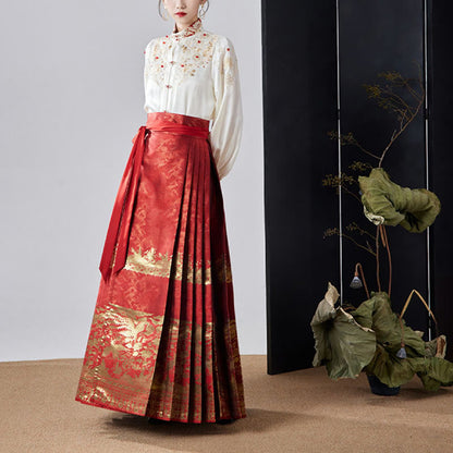 Mythstone Flowers Leaves Feathers Long Sleeve Shirt Top Chinese Hanfu Ming Dynasty Horse Face Skirt Mamianqun Skirt