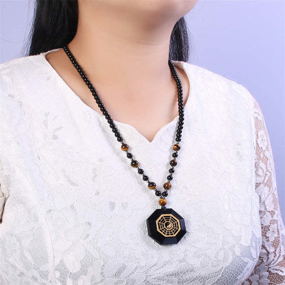 Mythstone Bagua Yin Yang Black Obsidian Purification Beaded Necklace Pendant