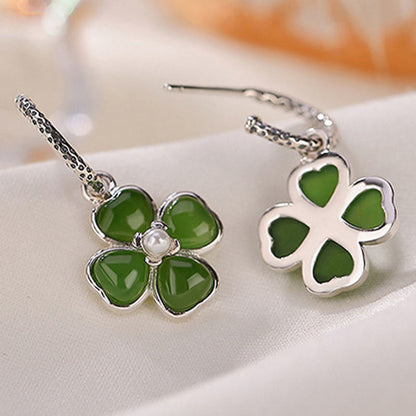 Mythstone 925 Sterling Silver Natural Cyan Jade Four Leaf Clover Luck Success Earrings