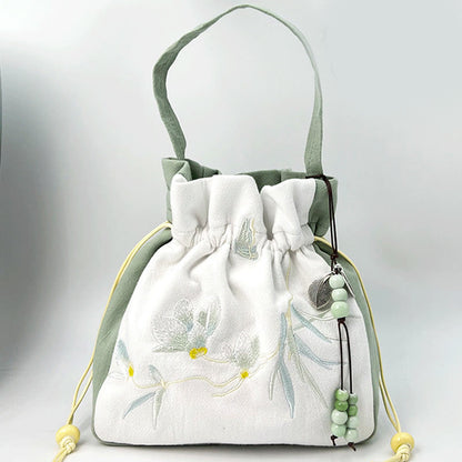 Mythstone Embroidered Butterfly Lotus Magnolia Cotton Linen Tote Crossbody Bag Shoulder Bag Handbag