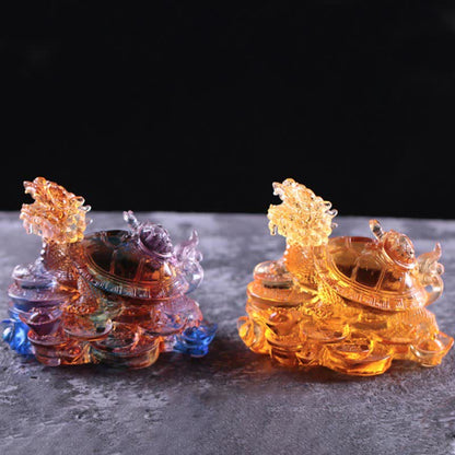 Mythstone Feng Shui Dragon Turtle Coins Handmade Liuli Crystal Luck Art Piece Home Office Decoration