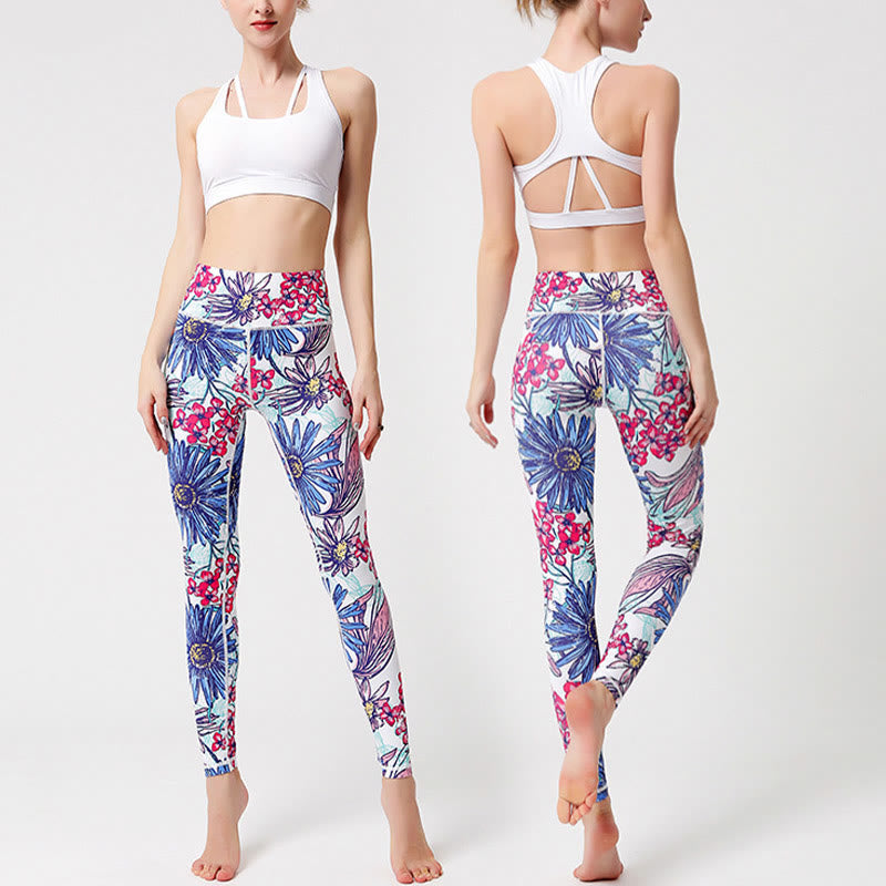 Mythstone Colorful Flower Petal Leaves Print Sports Exercise Fitness High Waist Leggings Women's Yoga Pants