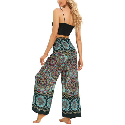 Mythstone Boho Mandala Print Lace-up Wide Leg Pants Women's Yoga Pants