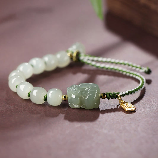 Mythstone Natural Hetian Jade PiXiu Luck Fu Character String Bracelet