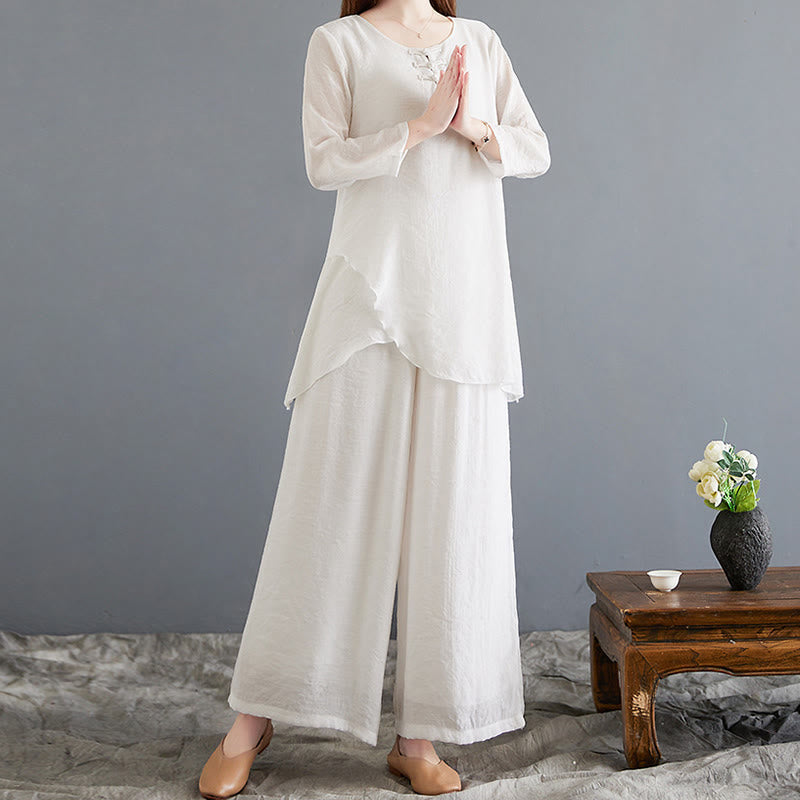 Mythstone 2Pcs Frog-Button Long Sleeve Shirt Wide Leg Pants Meditation Cotton Linen Clothing