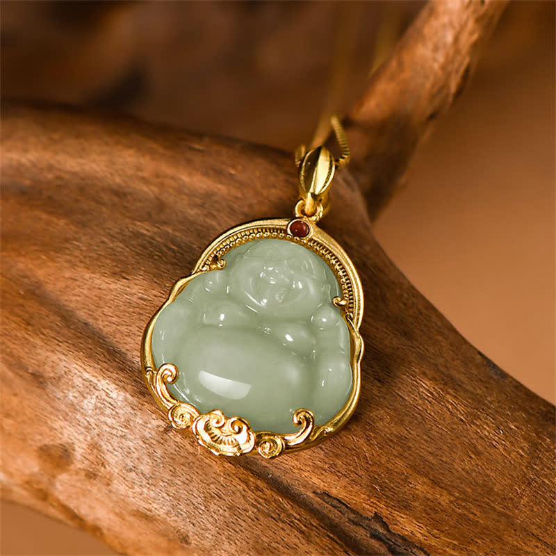 Mythstone 925 Sterling Silver Laughing Buddha Natural Hetian Jade Luck Prosperity Necklace Pendant