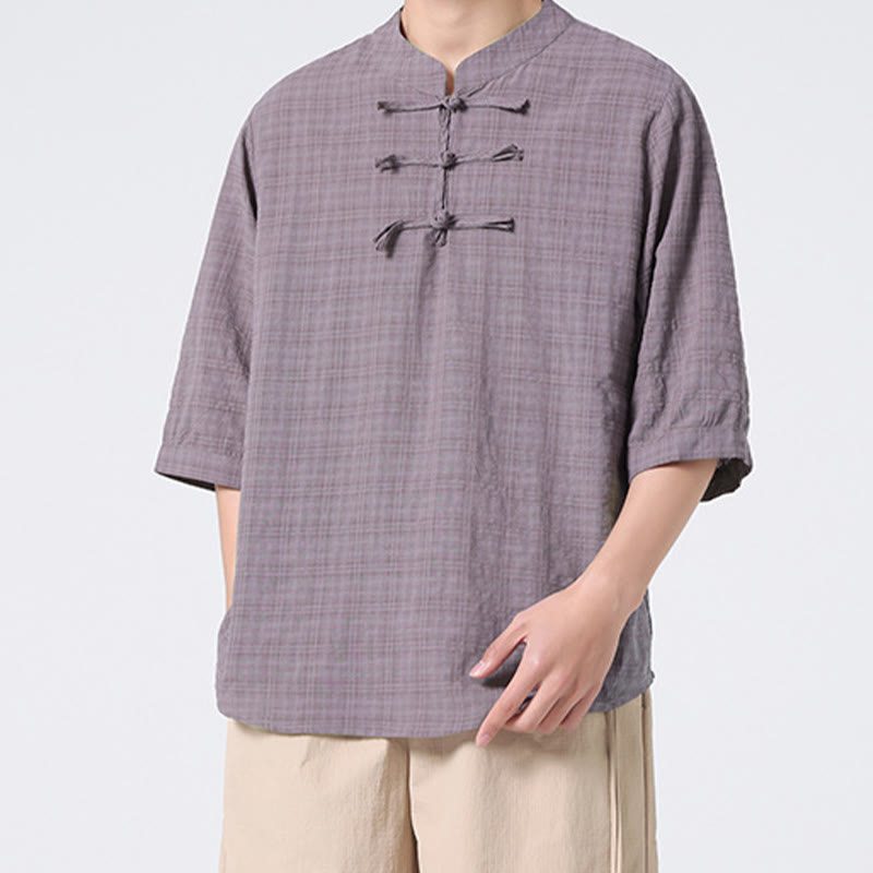 Mythstone Frog-Button Plaid Pattern Chinese Tang Suit Half Sleeve Shirt Cotton Linen Men Clothing