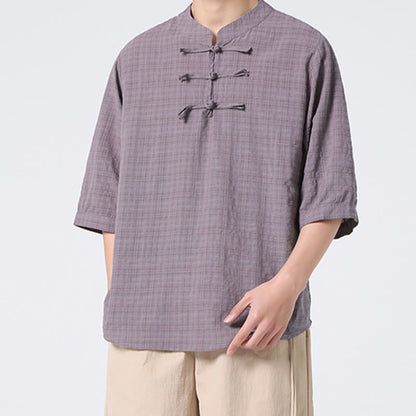 Mythstone Frog-Button Plaid Pattern Chinese Tang Suit Half Sleeve Shirt Cotton Linen Men Clothing