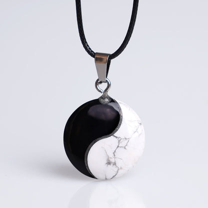 Mythstone Natural Black Obsidian White Turquoise Yin Yang Transformation Rope Necklace Pendant