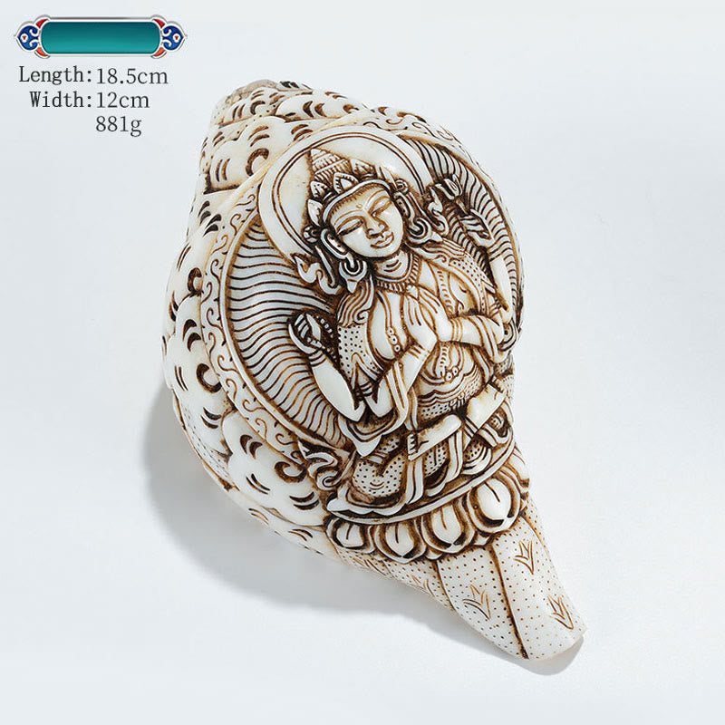 Mythstone Tibetan Handmade Engraved Shankha Buddha Avalokitesvara Conch Shell Wealth Decoration