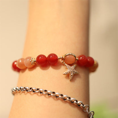 Pulsera de la riqueza con piedra solar, piedra lunar, melocotón y ágata roja y cristal de estrella