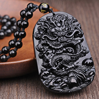 Mythstone Black Obsidian Stone Dragon Fulfilment Pendant Necklace