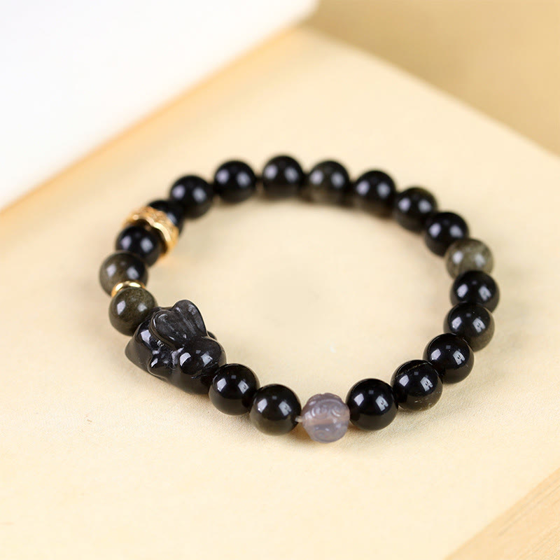 Mythstone Gold Sheen Obsidian Black Obsidian Silver Sheen Obsidian Cute Rabbit Protection Bracelet