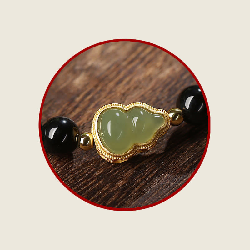 MythStone Natural Black Obsidian Hetian Jade Gourd Double Happiness Strength Bracelet