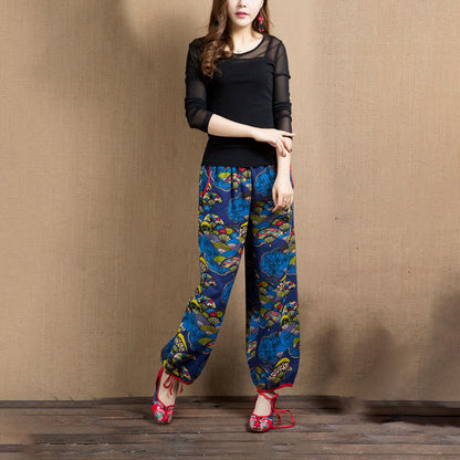 Mythstone Fan Cashew Flower Pattern Cotton Linen Harem Pants With Pockets