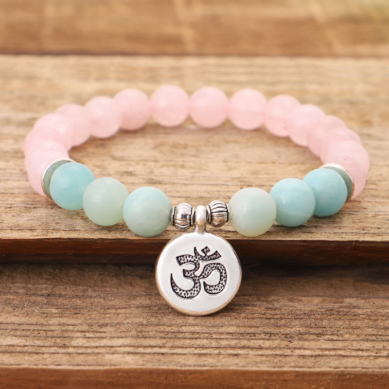 Mythstone Natural Pink Crystal Amazonite Lotus Buddha OM Symbol Warmth Bracelet