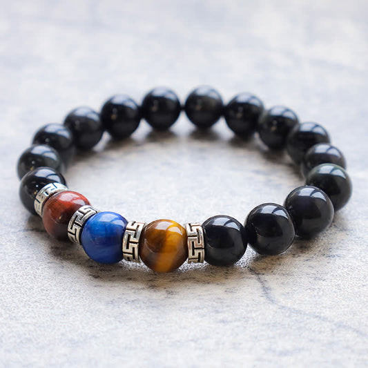 Natural Black Obsidian Tricolor Tiger Eye Strength Bracelet