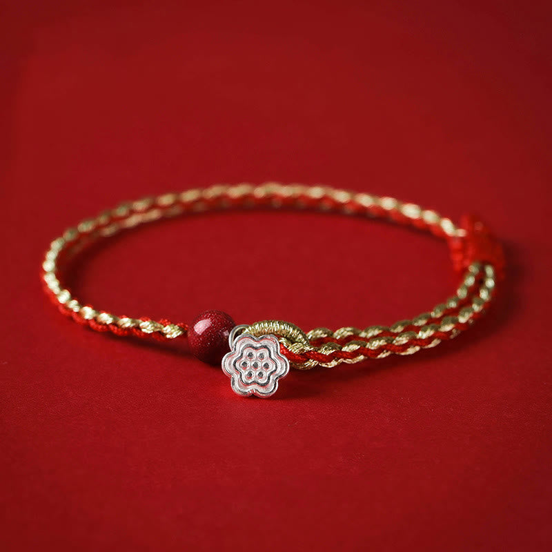 Mythstone Handmade 925 Sterling Silver Lotus Cinnabar Gold Bead Blessing Braid Bracelet