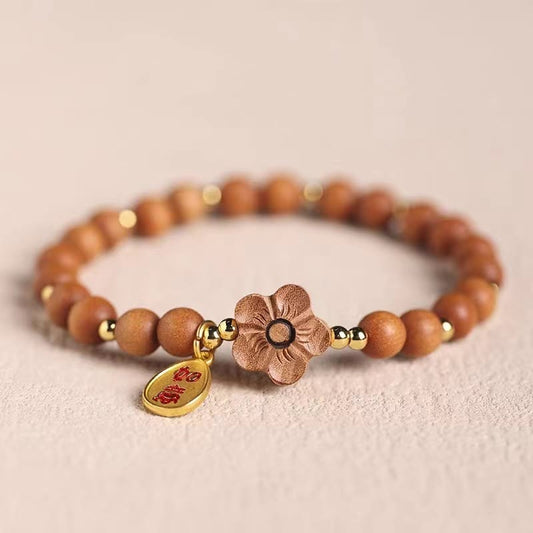 Mythstone Natural Sandalwood Peach Blossom Small Leaf Red Sandalwood Ruyi Charm Protection Bracelet