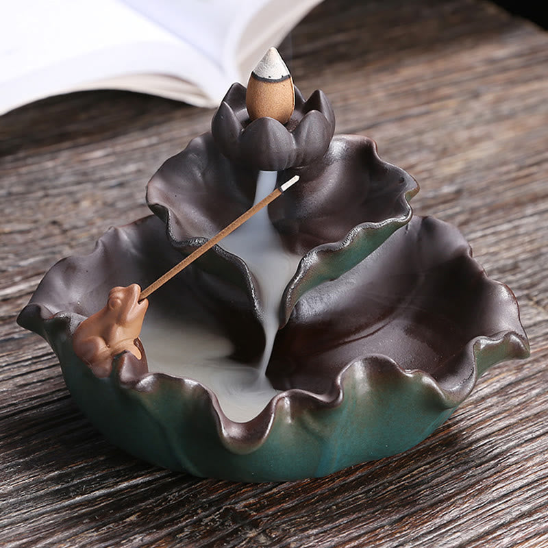 Mythstone Lotus Flower Leaf Frog Butterfly Pattern Healing Ceramic Incense Burner Decoration