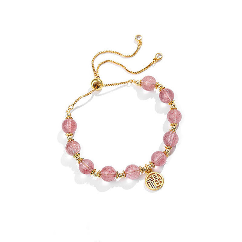 Mythstone 14K Gold Plated Natural Strawberry Quartz Fu Character Positive Charm Bracelet