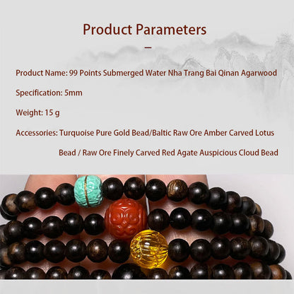 Mythstone Nha Trang Bai Qinan Agarwood Turquoise Amber Red Agate Strength Meditation Bracelet