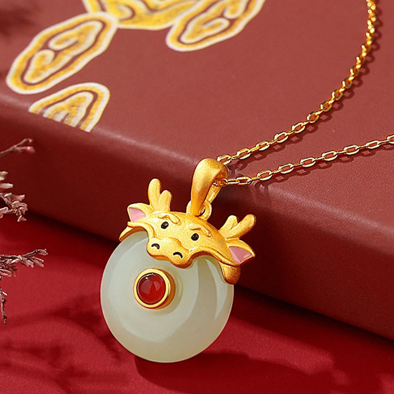 Mythstone 925 Sterling Silver Hetian Jade Chinese Zodiac Year of the Dragon Red Agate Luck Protection Necklace Pendant