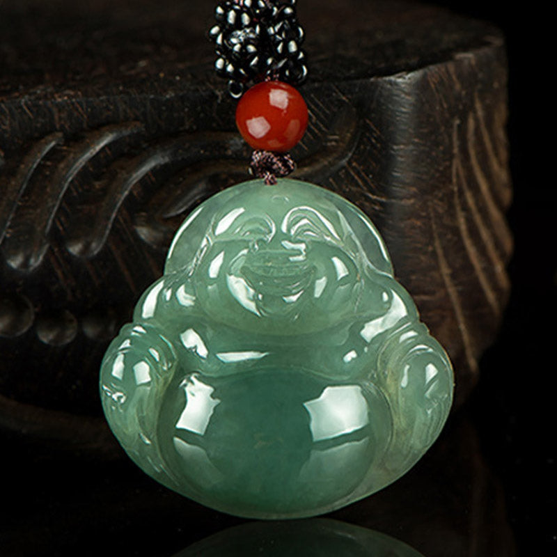 Mythstone Laughing Buddha Jade Abundance String Necklace Pendant