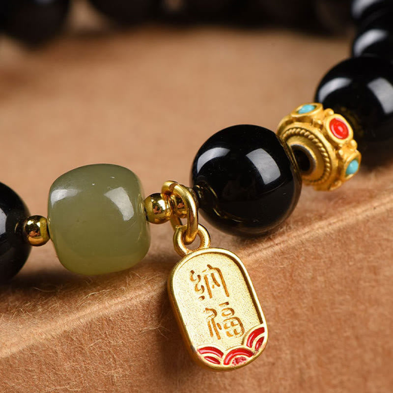 Mythstone Black Onyx Hetian Jade Bead Lucky Fortune Charm Bracelet