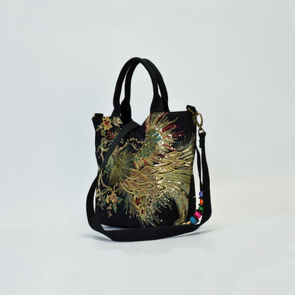 Mythstone Peacock Double-sided Embroidery Tote Bag Shoulder Bag Crossbody Bag