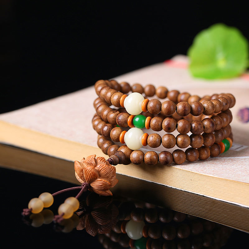 Mythstone 108 Mala Beads Peach Wood Bodhi Seed Lotus Prayer Meditation Bracelet