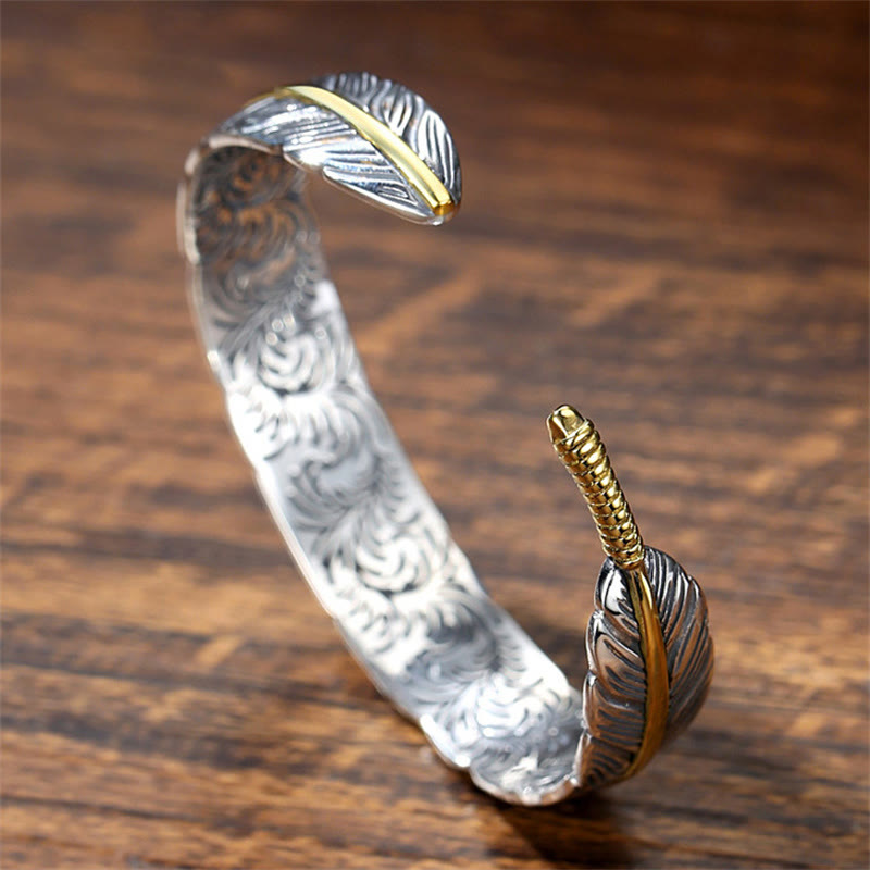 Mythstone Feather Pattern Carved Luck Wealth Cuff Bracelet Bangle