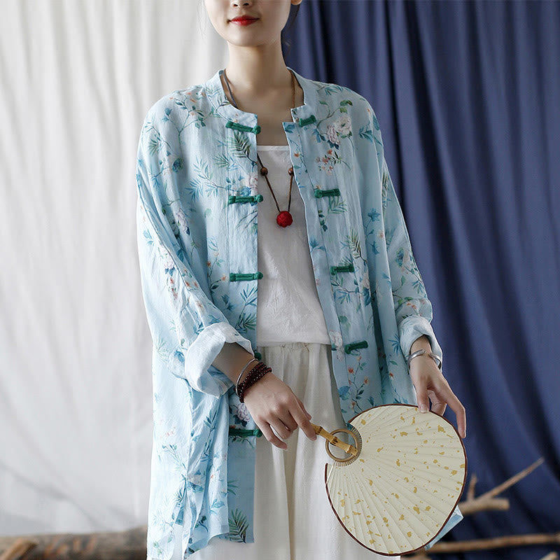 Mythstone Light Green Pink Flowers Green Leaves Frog-Button Long Sleeve Ramie Linen Jacket Shirt