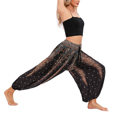 Mythstone Peacock Feather Pattern Loose Harem Trousers Women's Yoga Pants